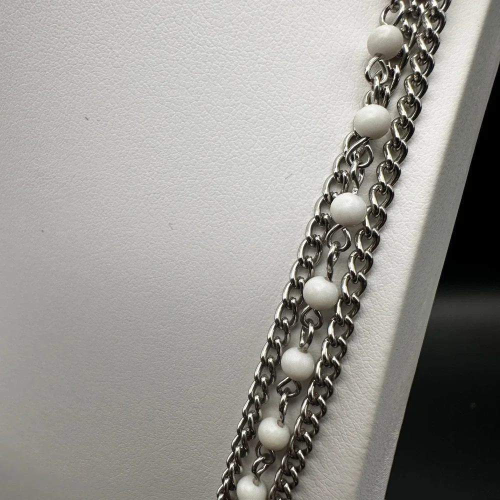 Vintage 90s White Bead Multi Strand Silver Tone Chain Necklace Layered Jewelry